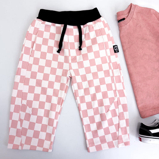 PINK CHECKERBOARD BARREL LEG JOGGERS