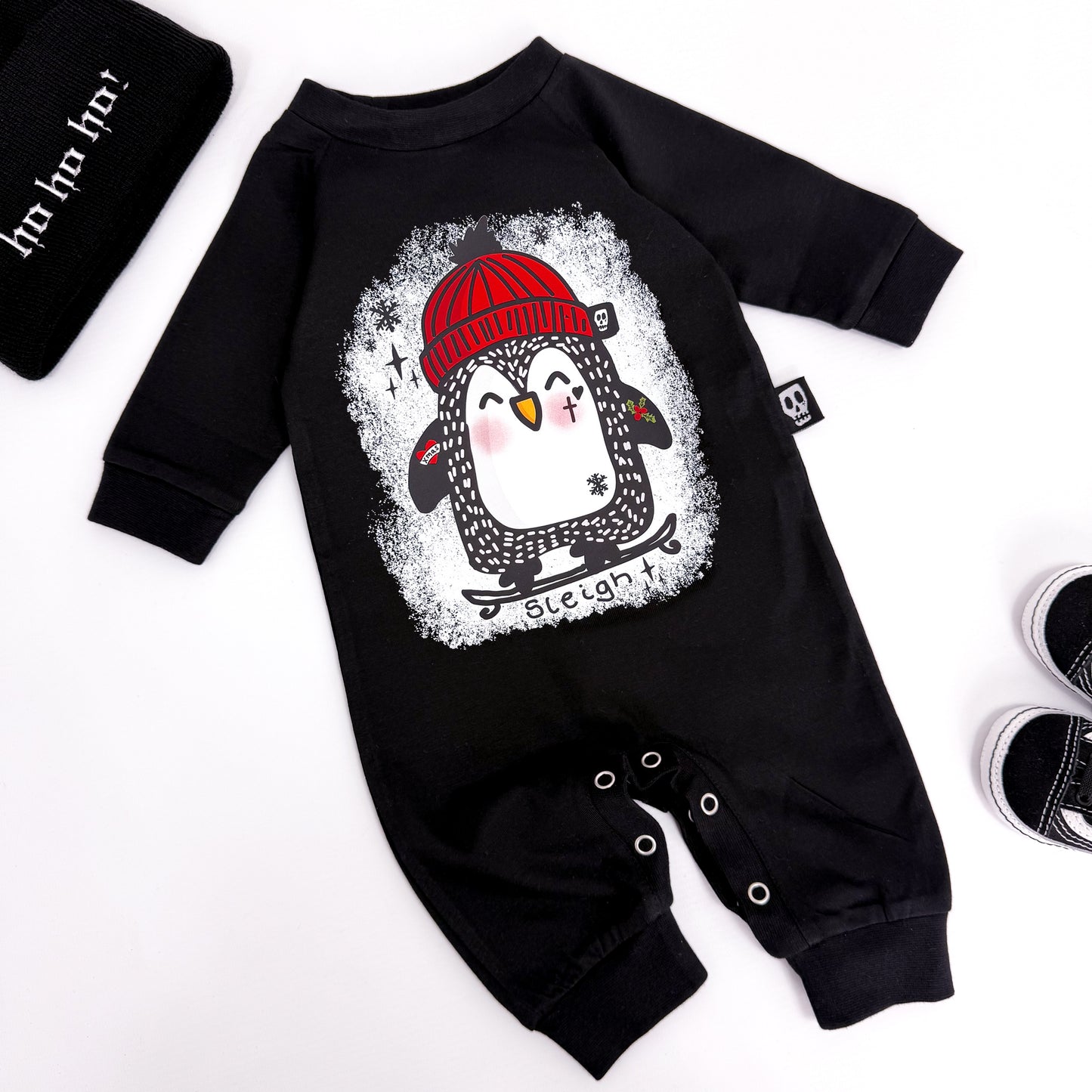 SLEIGH PENGUIN CHRISTMAS FOOTLESS ROMPER