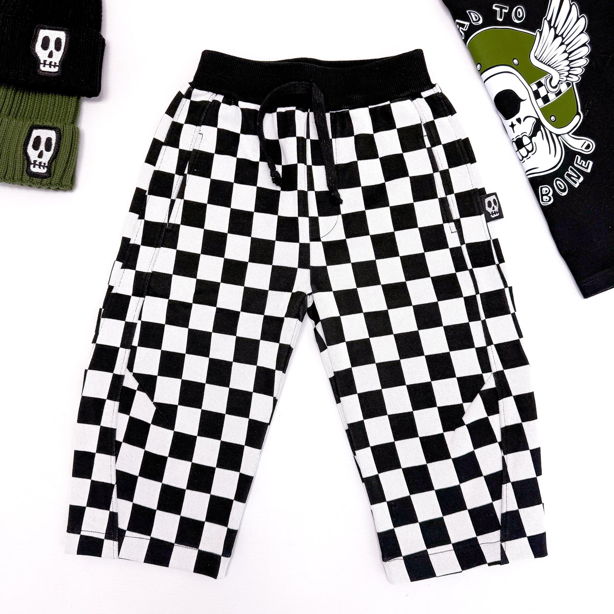 CHECKERBOARD BARREL LEG JOGGERS