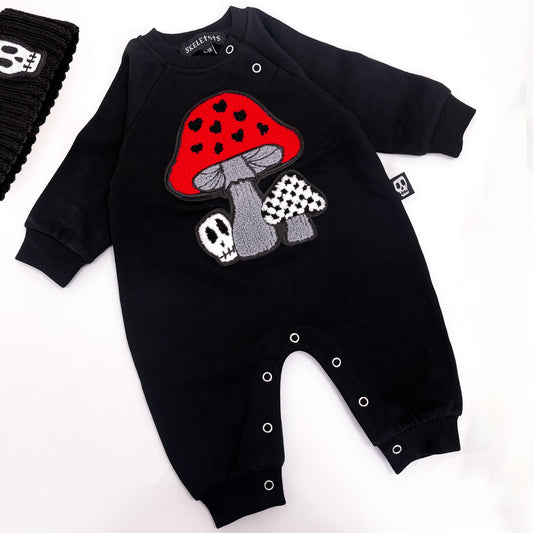 ⚡RED TOADSTOOL SKULL EMBROIDERED PATCH FOOTLESS ROMPER⚡