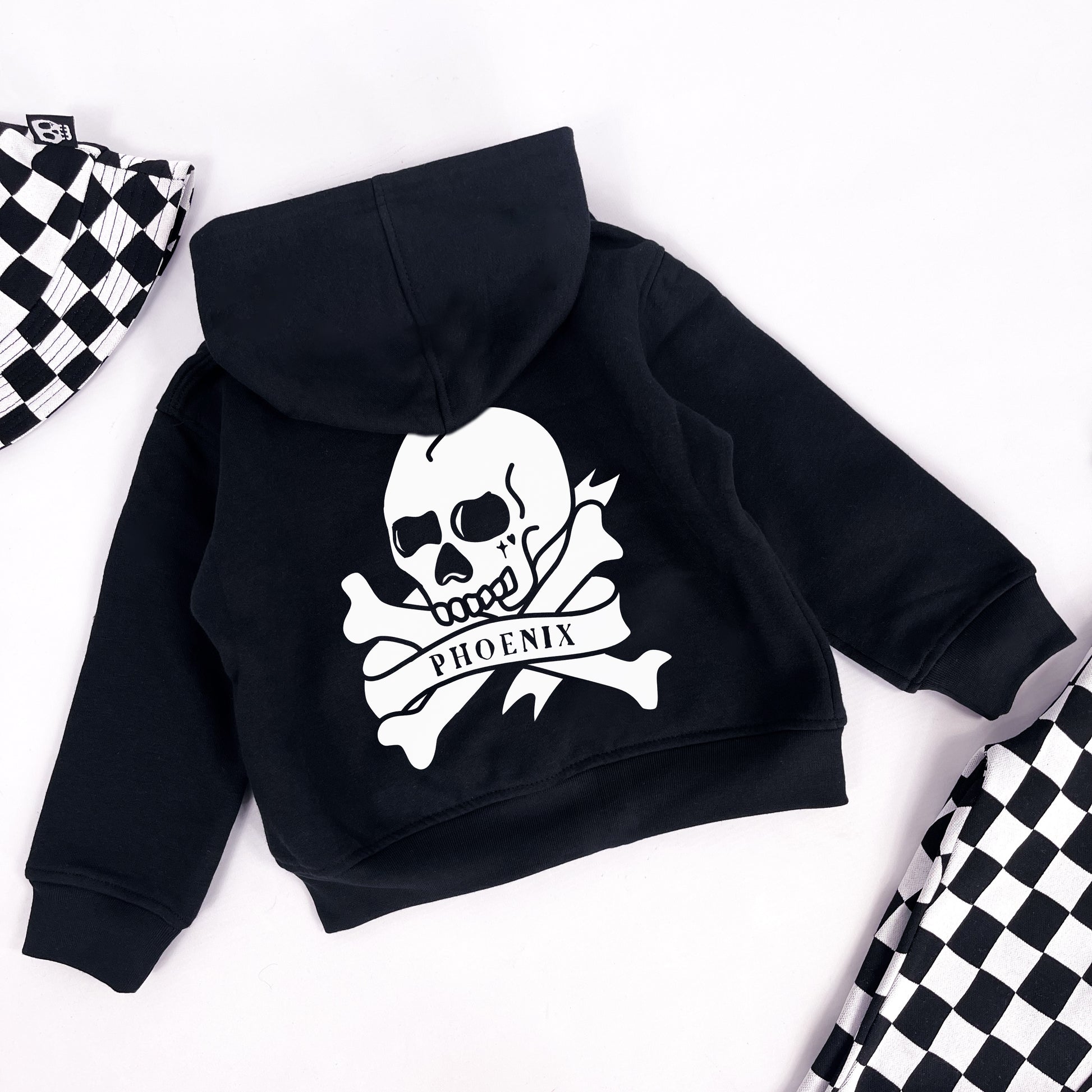 Personalised kids hoodie with tattoo style skull and custom name printing
