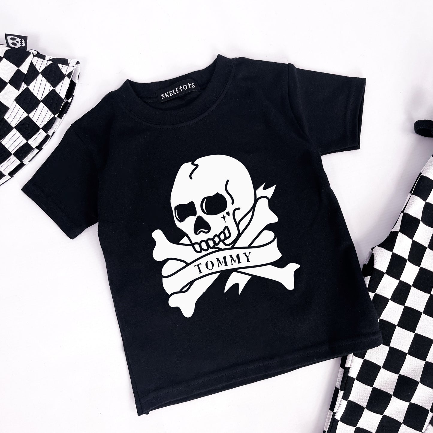 Personalised kids t shirt with tattoo style skull and custom name printing