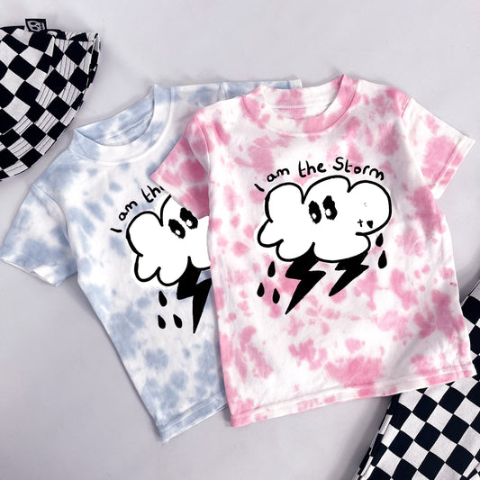 Kids tie dye pink t-shirt with cute storm cloud and "I am the storm" printed on