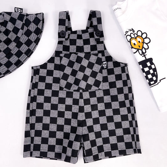 Kids short dungarees in checkerboard style grey and black