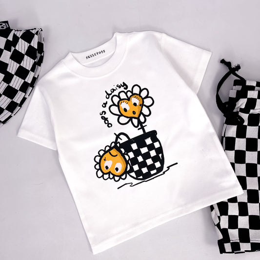 Kids white tee shirt with wilting flower and "oops a daisy" printed on