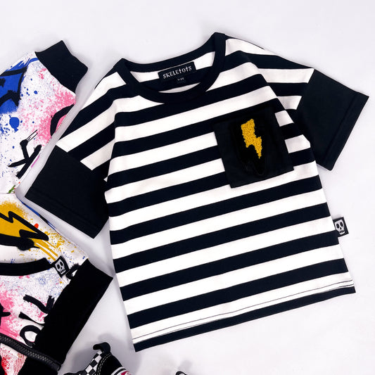 Kids black and white striped tee shirt with lightning bolt patch