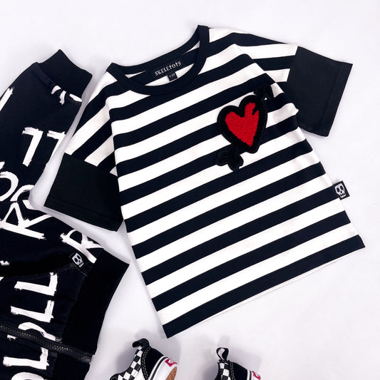 Kids black and white striped tee shirt with love heart patch