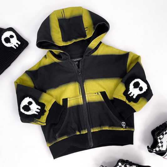 Kids black and olive striped hoodie with skull patches and dripping paint design