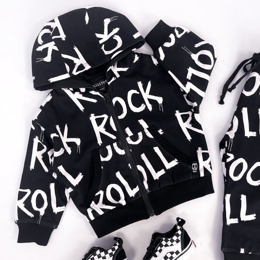 Kids black hooded jacket with words "rock" and "roll" printed on it repeatedly