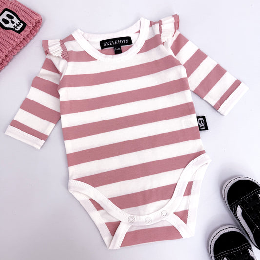 NOT SO BASIC FRILL SLEEVE DUSKY PINK STRIPE BODYSUIT