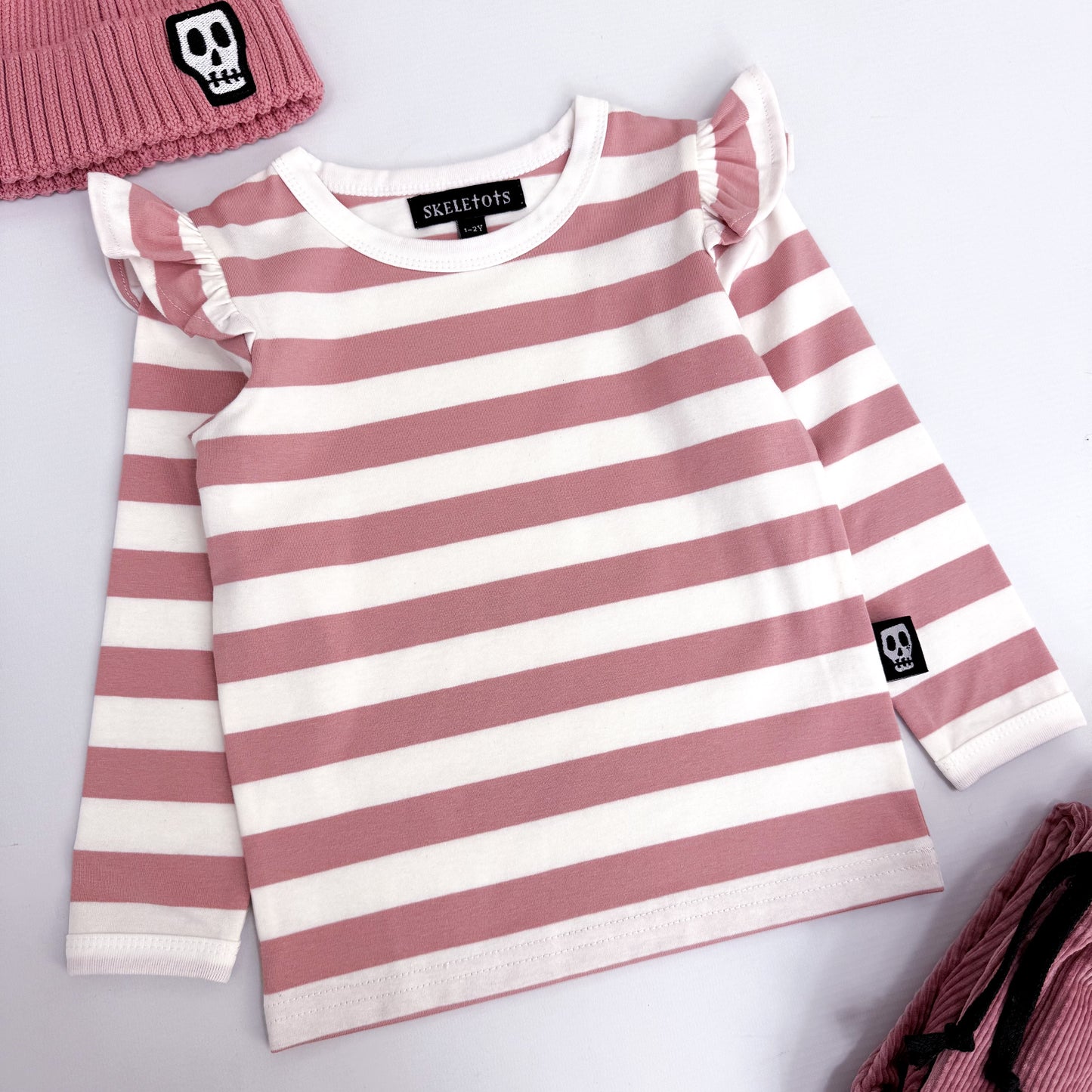 NOT SO BASIC FRILL SLEEVE DUSKY PINK STRIPE TEE