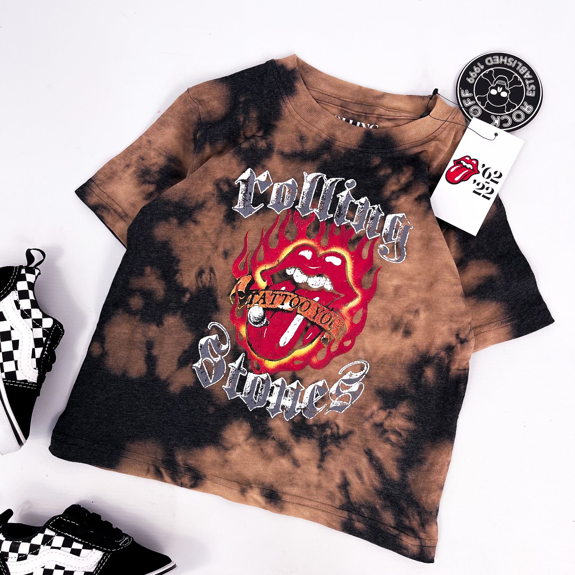 Kids Rollling Stones band t shirt, "Tattoo You" with flaming tongue and lips