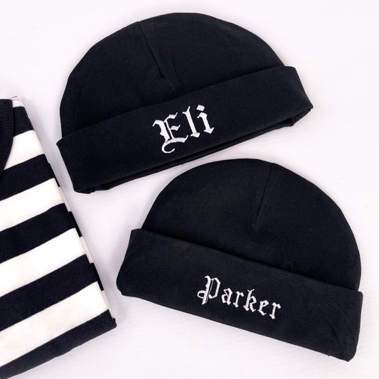 PERSONALISED EMBROIDERED GOTHIC NAME BABY BEANIE HAT