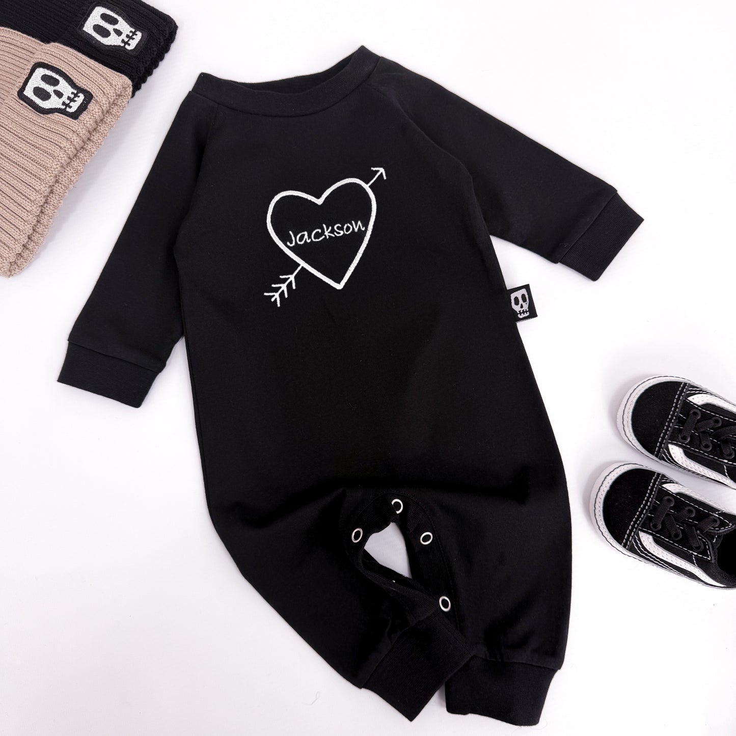 PERSONALISED EMBROIDERED TATTOO HEART BLACK FOOTLESS ROMPER