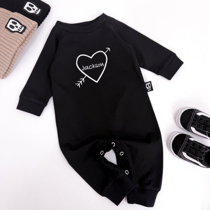 PERSONALISED EMBROIDERED TATTOO HEART BLACK FOOTLESS ROMPER