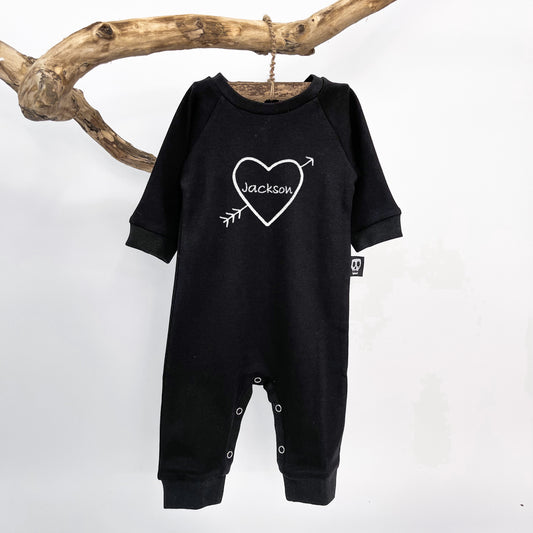 PERSONALISED EMBROIDERED TATTOO HEART BLACK FOOTLESS ROMPER