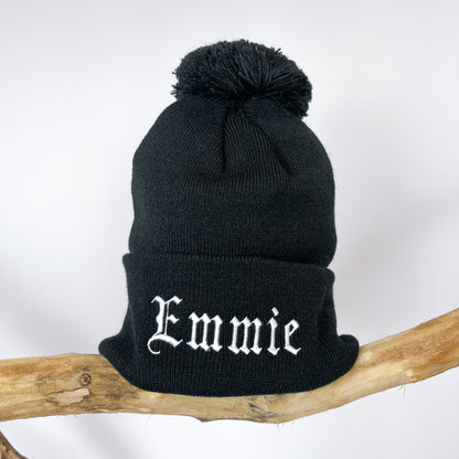 PERSONALISED GOTHIC NAME BOBBLE KNIT HAT
